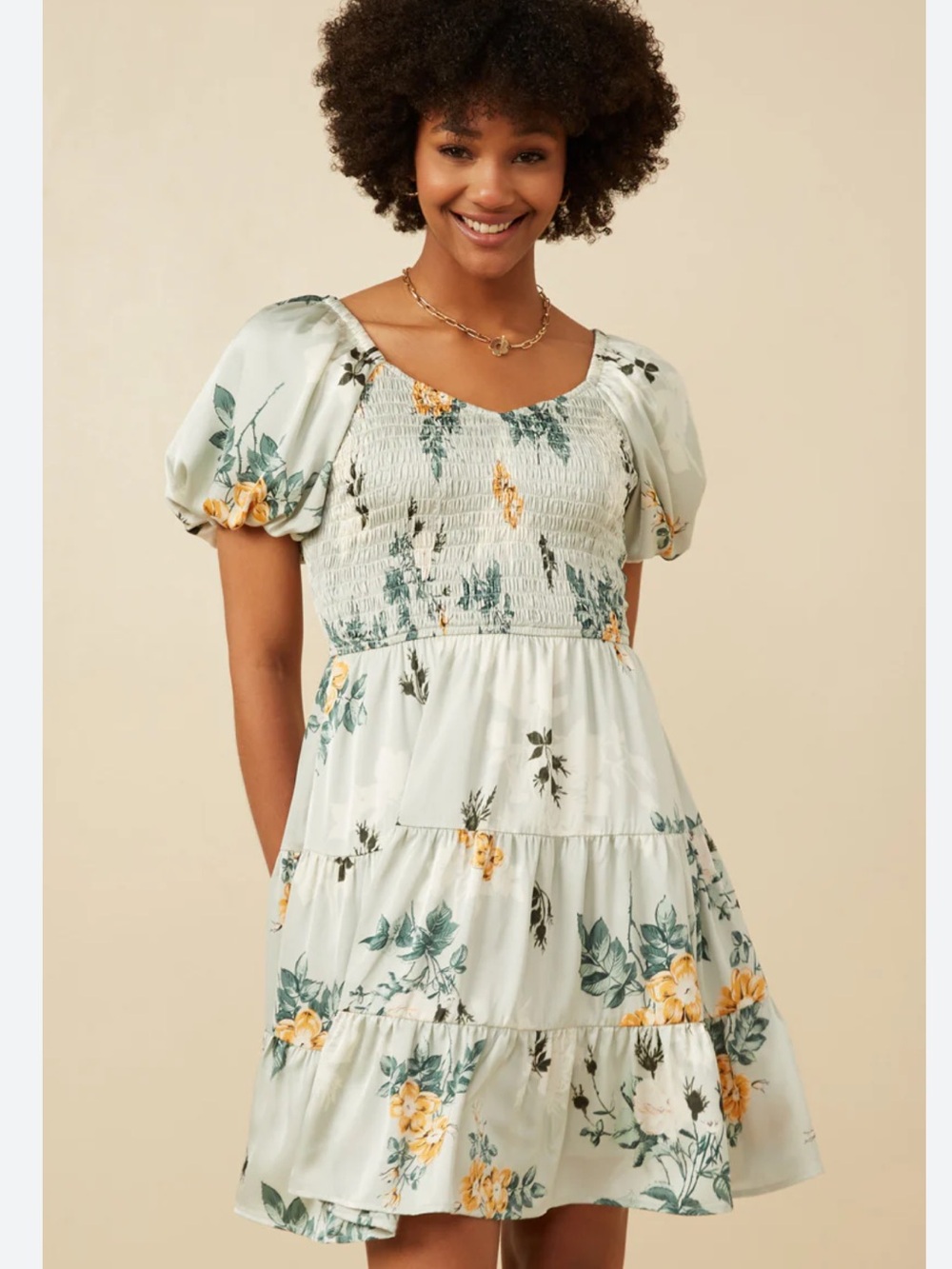 NWOT Hayde Women Romantic Floral Smocked Sheen Dress Sz: S